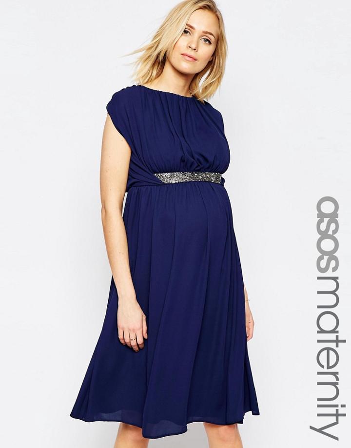 Asos Maternity Embellished Trim Midi Dress - Navy