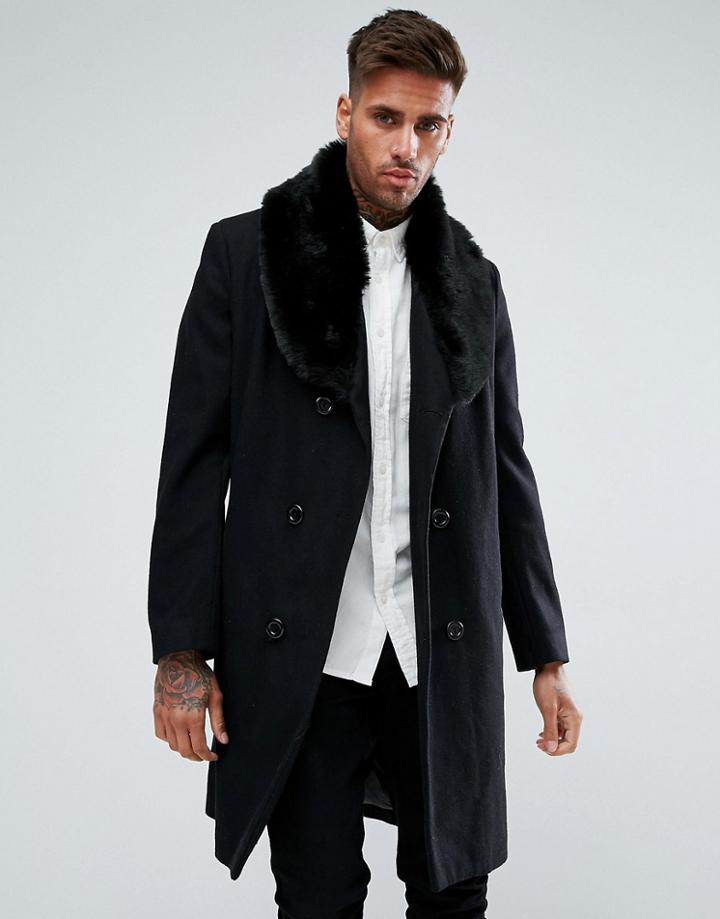 Boohooman Double Breasted Wool Overcoat With Faux Fur Trim In Black - Black