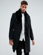 Boohooman Double Breasted Wool Overcoat With Faux Fur Trim In Black - Black