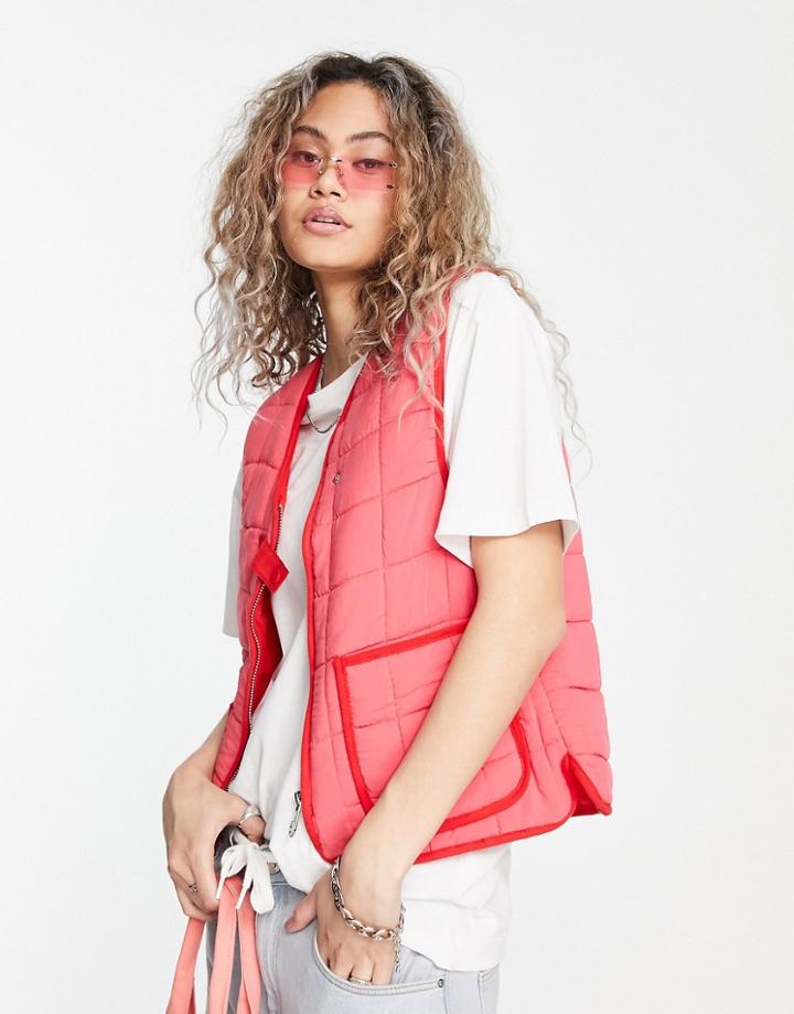 Pull & Bear Quilted Vest In Red