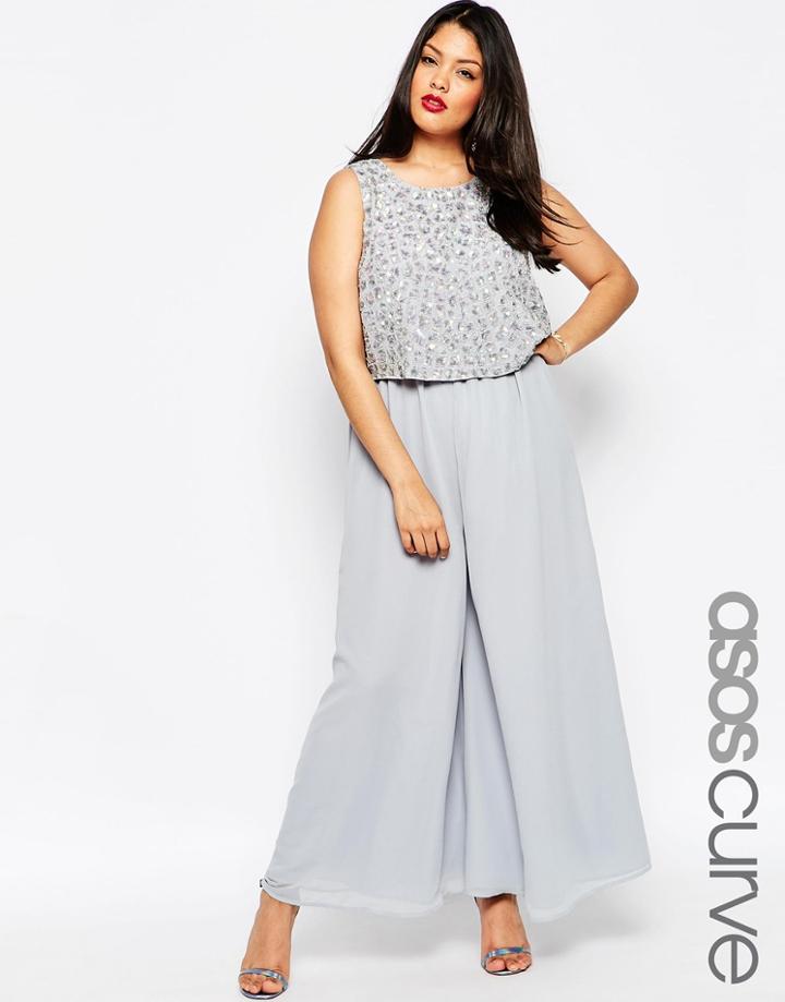 Asos Curve Premium Jumpsuit With Palazzo Pants And Embellished Overlay - Ice Blue