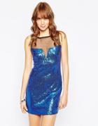 Wyldr Sky's The Limit Sequin Dress With Mesh Top - Blue