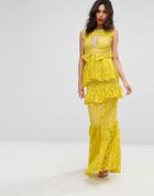 Prettylittlething Frill Detail Fishtail Lace Maxi Dress - Yellow