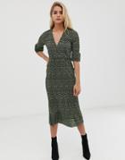 Asos Design Midi Plisse Tea Dress With Open Back In Blurred Polka Dot - Multi