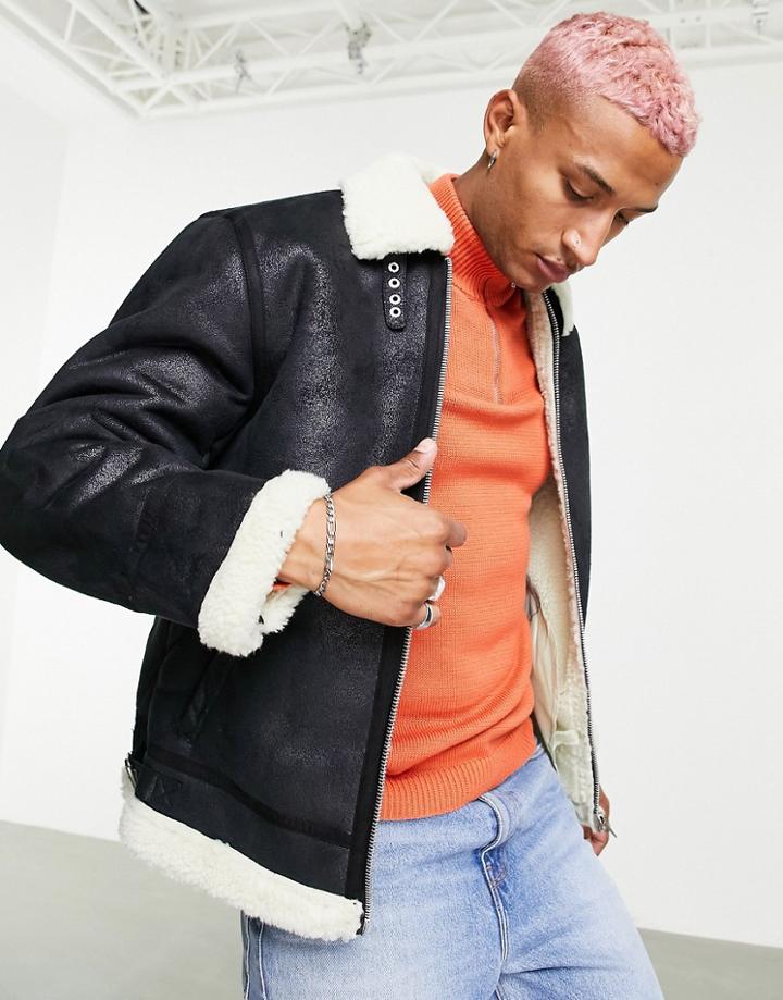 Asos Design Flight Jacket In Black With Ecru Shearling Collar