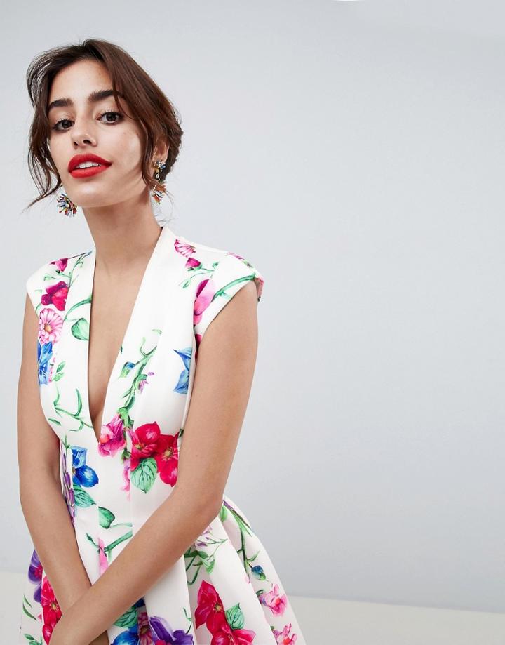Asos Design Botanical Paneled Deep Plunge Prom Dress - Multi