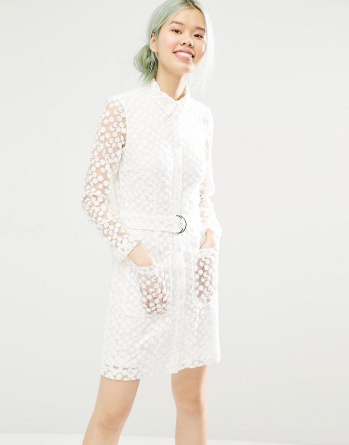 Monki Button Up Lace Shirt Dress - White