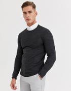 Asos Design Knitted Muscle Fit Crew Neck Sweater In Charcoal