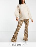 Topshop Maternity Crinkle Flared Pant In Brown Check Print-multi