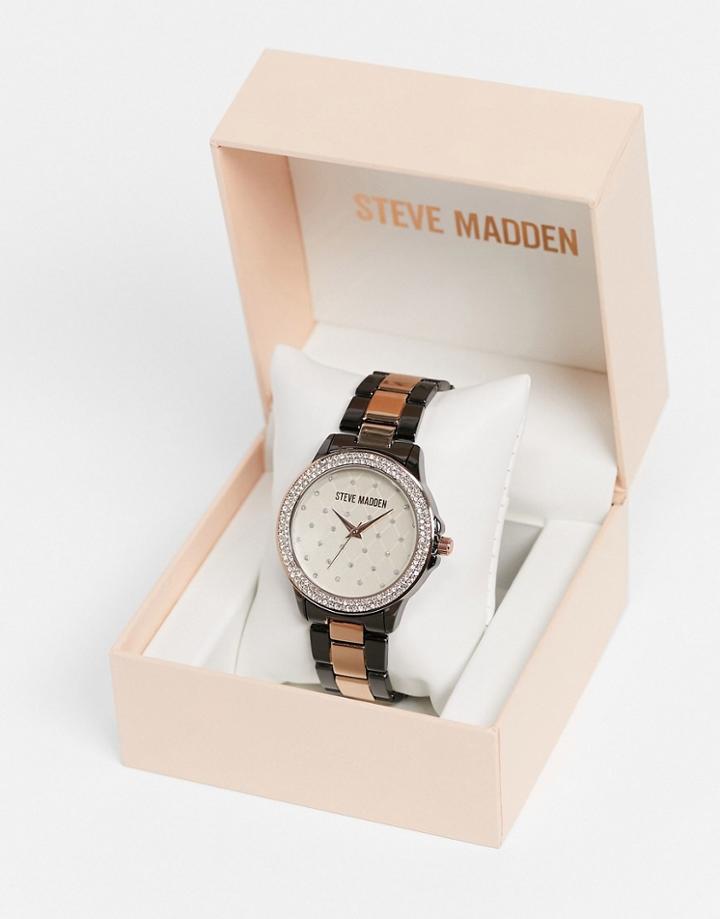 Steve Madden Watch With Quilted Dial And Stones In Rose Gold And Black-multi
