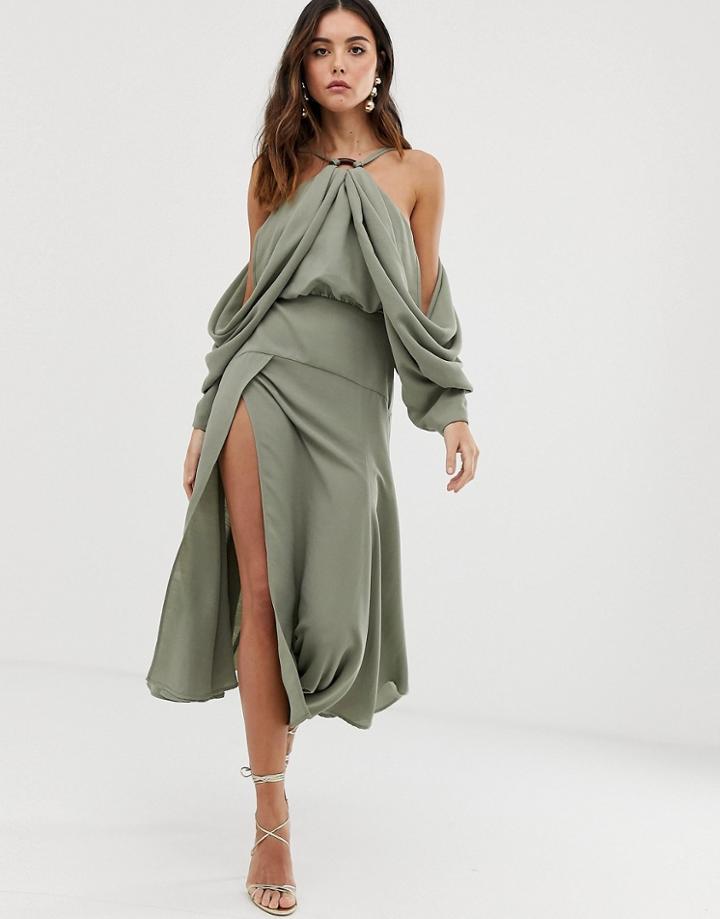 Asos Edition Drape Sleeve Midi Dress With Ring Detail-green