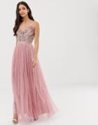Maya Cami Strap Contrast Embellished Top Tulle Detail Maxi Dress In Vintage Rose - Pink