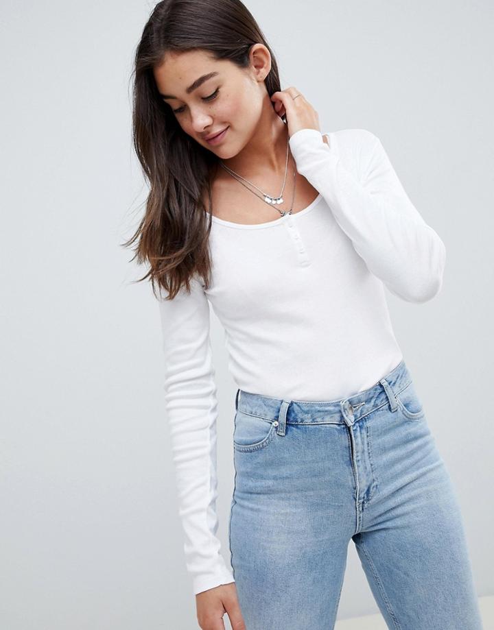 Asos Design Long Sleeve T-shirt With Button Front In White - White