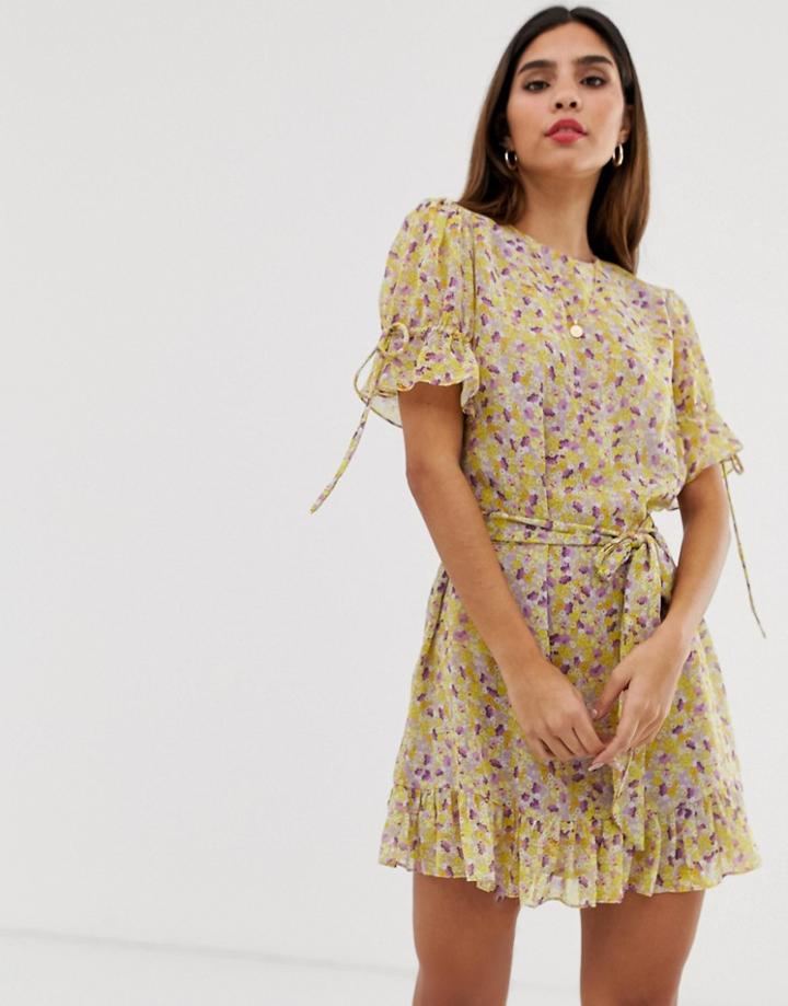 The East Order Arlo Floral Mini Dress With Belt - Purple