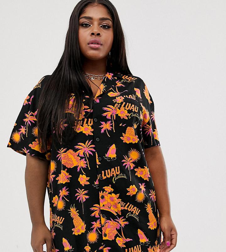 Collusion Plus Tropical Print Revere Shirt Dress - Multi