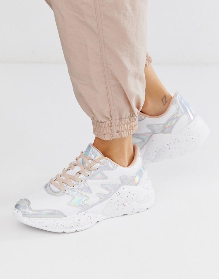 Bershka Metallic Mix Chunky Sneakers In White - White