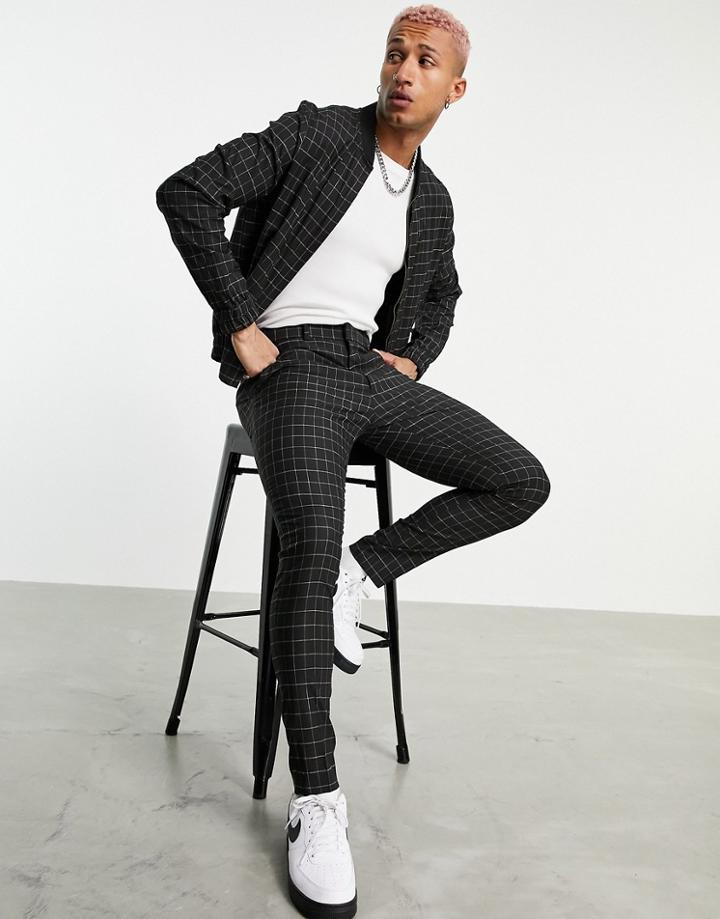 Asos Design Slim Smart Pants In Navy Grid Check - Part Of A Set-black