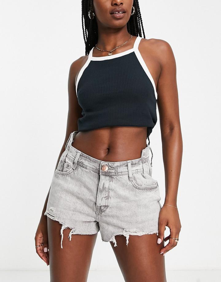 River Island Waist Detail Denim Short In Gray