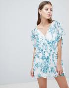 Asos Design Smock Romper In Printed Crinkle Chiffon-multi