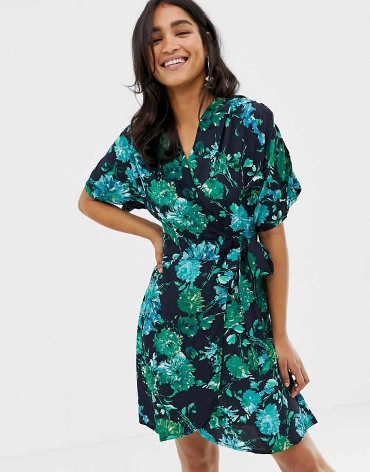 Closet Floral Kimono Sleeve Wrap Dress-black