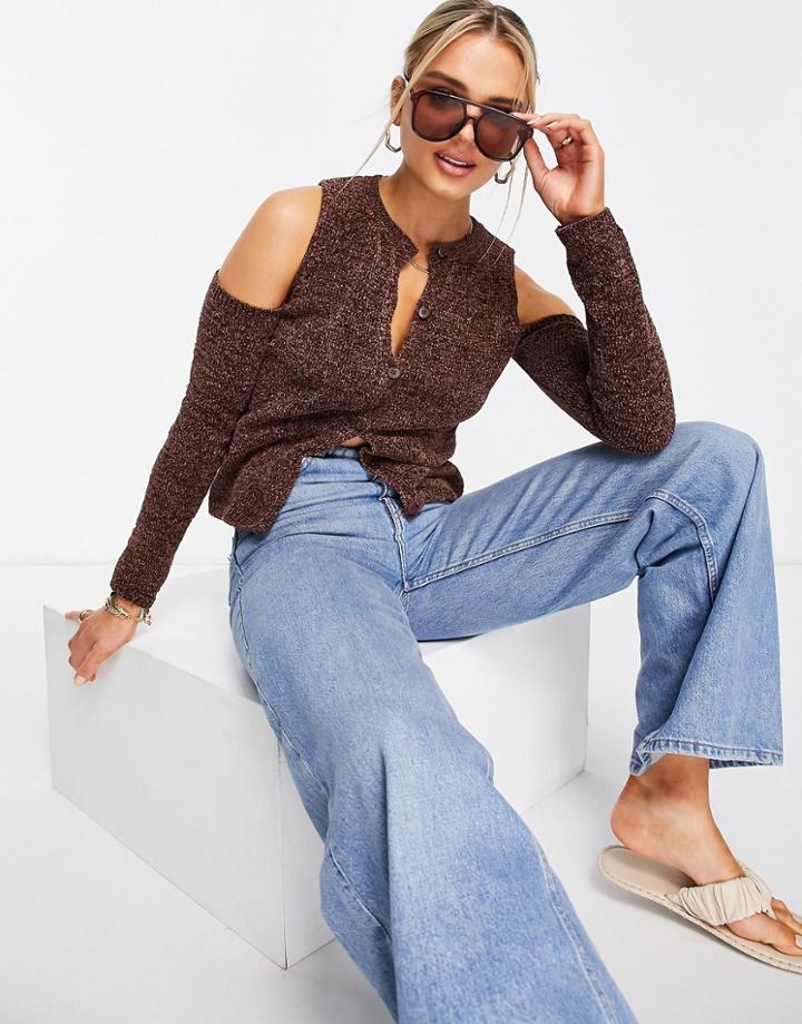 Asos Design Chenille Cardi With Cold Shoulder In Brown