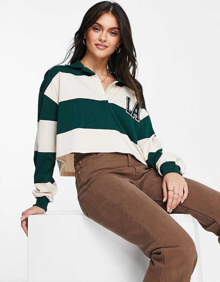 Pull & Bear Cropped Varsity Striped Top In Green