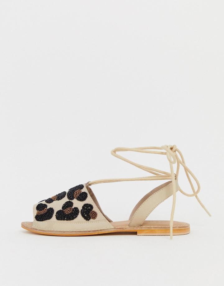 Asos Design Fondi Beaded Leather Leopard Flat Sandals-beige