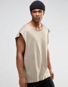 Asos Super Oversized Sleeveless T-shirt With Dropped Armhole And Raw Scoop Neck In Beige - Beige