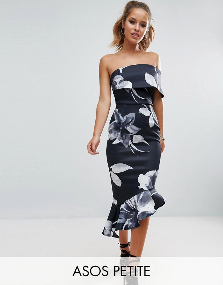 Asos Petite Dark Floral One Shoulder Asymmetric Pephem Midi Dress - Multi