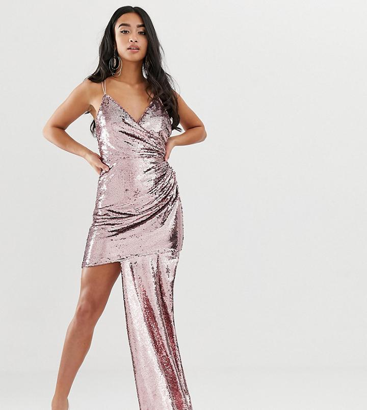 Asos Design Petite Cami All Over Sequin Mini Dress With Ruched Side-pink