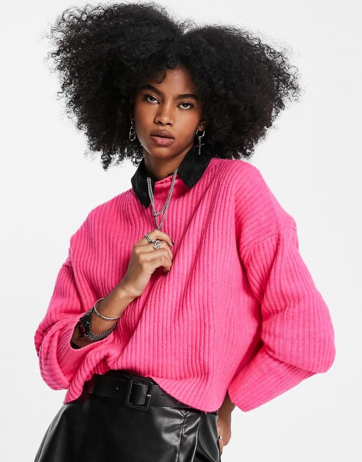 Bershka Chunky Roll Neck Sweater In Bright Pink