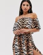 Asos Design Frill Beach Two-piece Top In Natural Tiger Print-multi