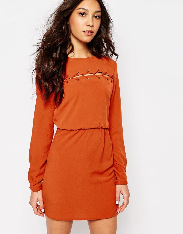 First & I Lace Up Detail Dress - Rust Orange