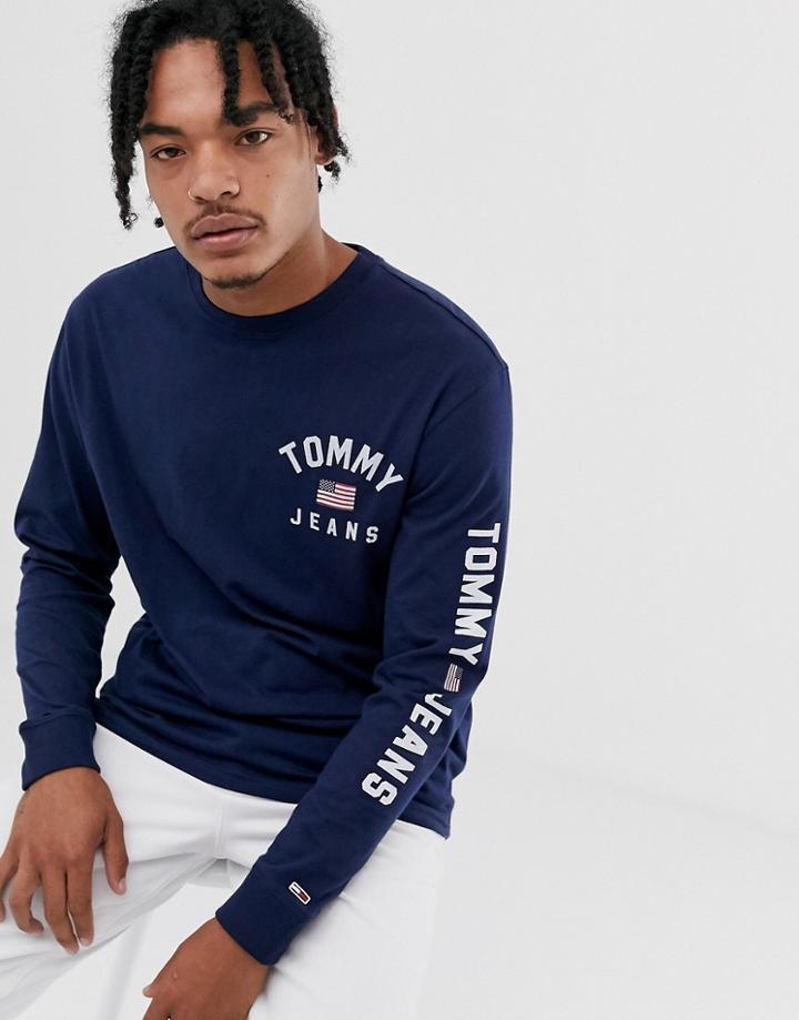 Tommy Jeans Americana Long Sleeve Top In Navy With Flag Logo And Sleeve Detail