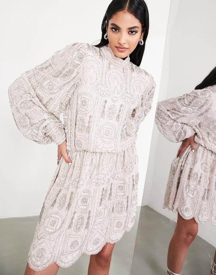 Asos Edition Pretty Embellished Mini Skater Dress In Blush-pink