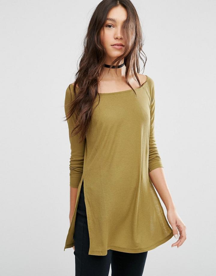 Asos Off Shoulder Slouchy Top With Side Splits - Green