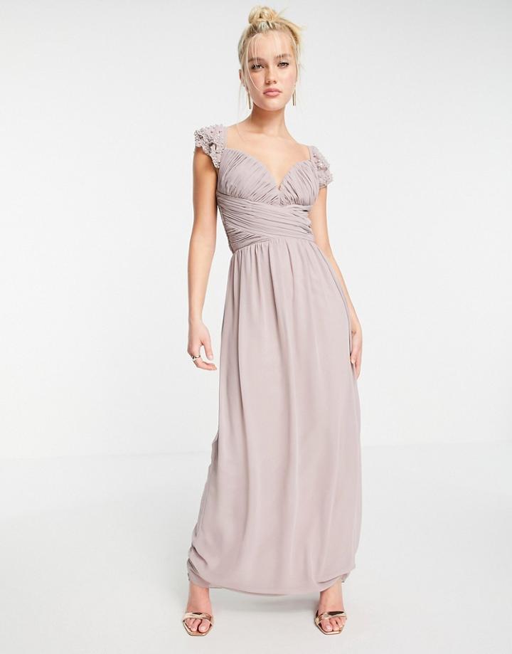 Little Mistress Embellished Flutter Sleeve Twist Waist Maxi Dress In Oyster Gray-grey