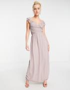 Little Mistress Embellished Flutter Sleeve Twist Waist Maxi Dress In Oyster Gray-grey