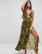 Asos Cheetah Print Plunge Chiffon Maxi Beach Dress - Multi