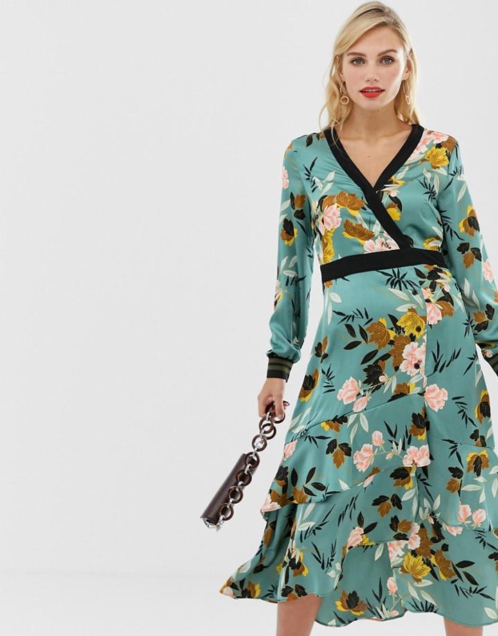 Liquorish Wrap Front Floral Midi Dress With Tiered Hem - Multi
