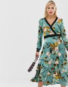 Liquorish Wrap Front Floral Midi Dress With Tiered Hem - Multi