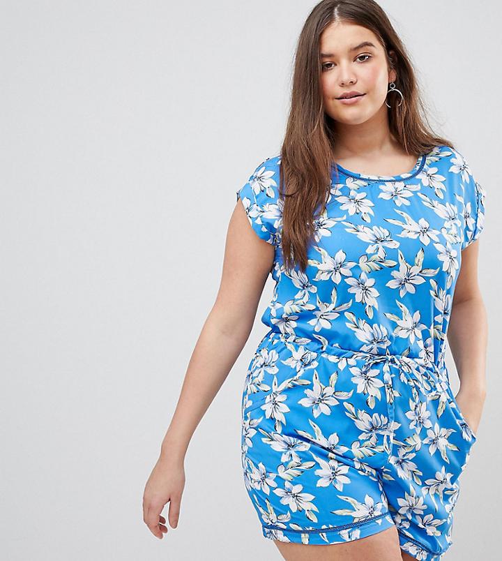 Brave Soul Plus Lenore Floral Print Romper With Ladder Detail - Blue