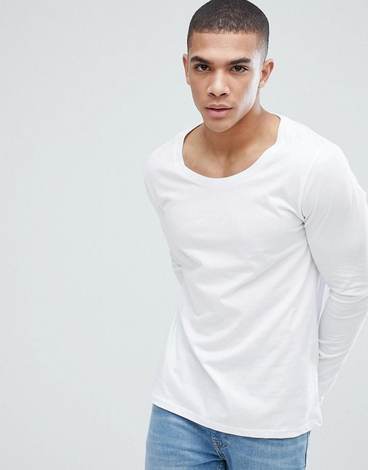 Asos Design Long Sleeve T-shirt With Scoop Neck In White - White