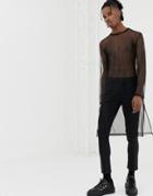 Asos Design Relaxed Extreme Longline Long Sleeve T-shirt In Mesh With Split Hem - Black