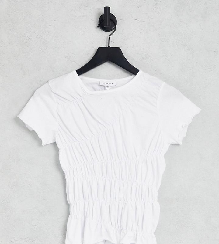 Topshop Petite Shirred Ruched Tee In White