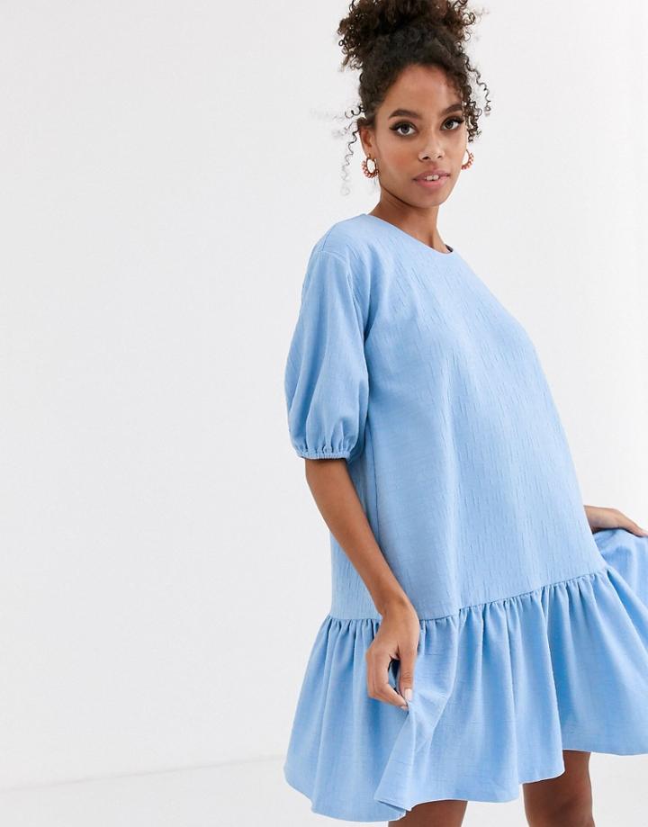Asos Design Textured Smock Dress With Pephem-blue