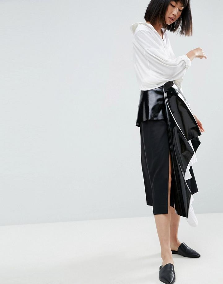 Asos White Vinyl Cotton Pleated Layered Midi Skirt - Black