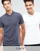Asos 2 Pack Pique Muscle Polo Shirt In White/navy Marl - Multi