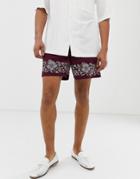 Asos Design Slim Shorter Shorts In Linen With Embroidered Border - Purple