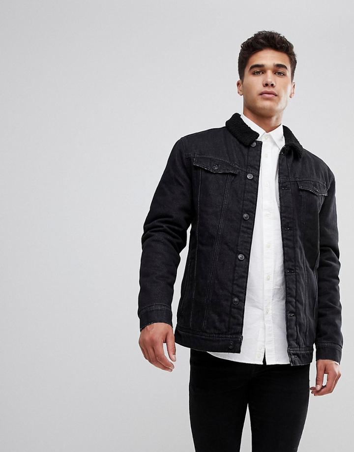 Stradivarius Fleece Lined Denim Jacket In Black - Black